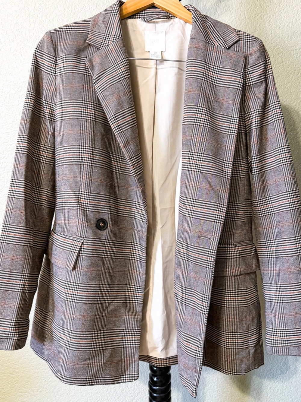 H&M Grey Plaid Double-Breasted Blazer